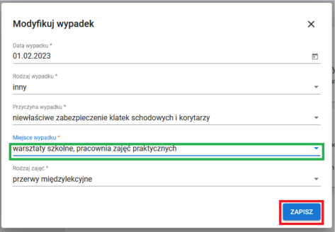 Okno formularza modyfikuj wypadek, z aktywnymi polami do edycji