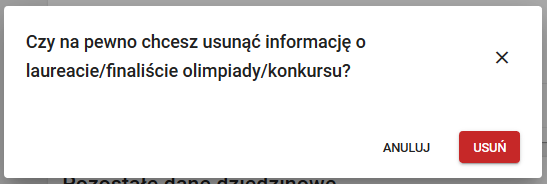 Okno komunikatu czy na pewno chcesz usunąć informacje o laureacie/ finaliście olimpiady/konkursu?