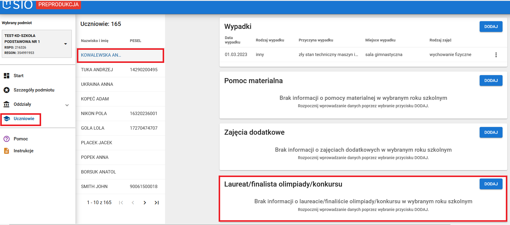 Okno z widokiem na zakładkę dane dziedzinowe wybranego ucznia i możliwość dodania laureata/finalistę olimpiady/konkursu