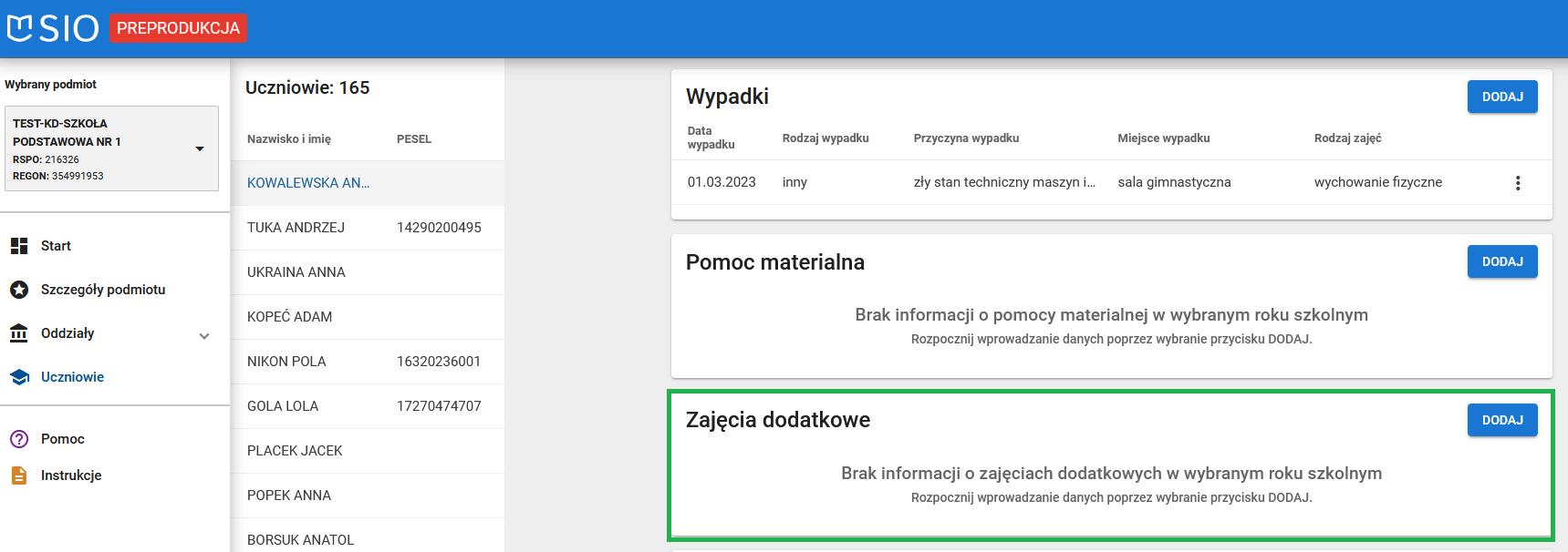 Widok okna po usunięciu wpisu w zajęciach dodatkowych, w danych dziedzinowych wybranego ucznia