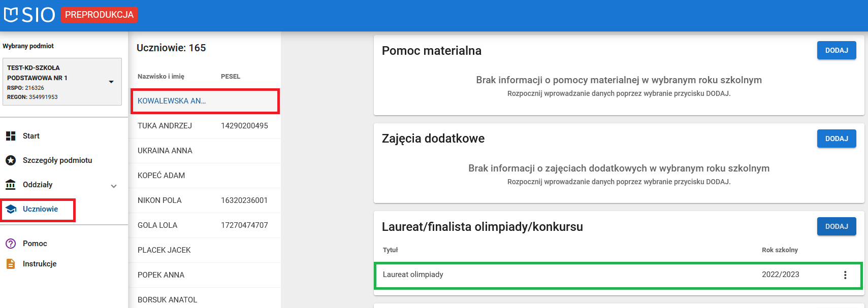 Widok okna z poprawnie dodanym laureatem/finalistą olimpiady/konkursu w zakładce dane dziedzinowe ucznia