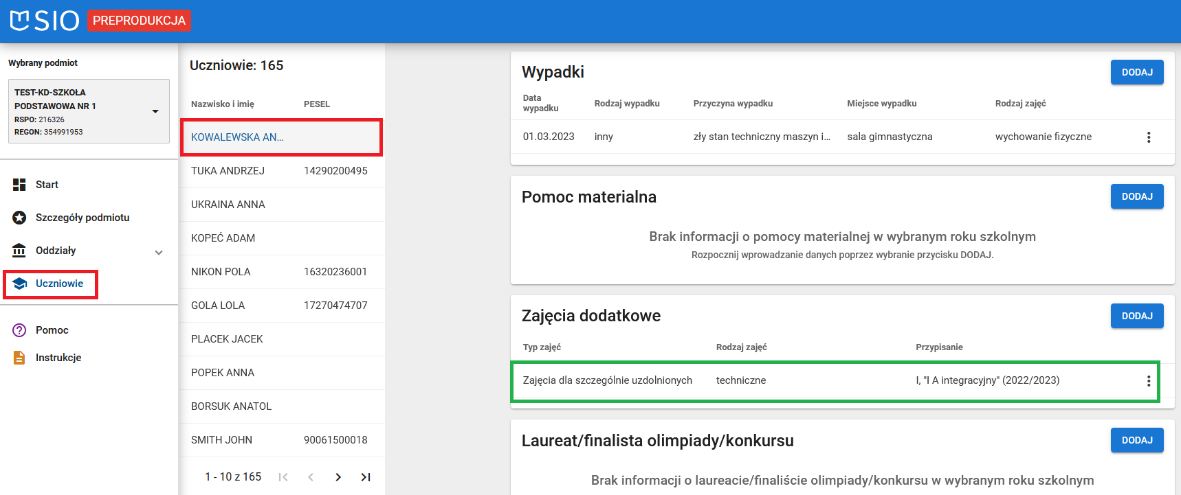 Widok po zmianach w zakładce zajęcia dodatkowe ,w danych dziedzinowych wybranego ucznia