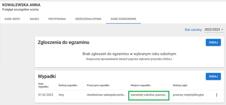Widok zmienionego wpisu zgłoszonego wypadku w danych dziedzinowych ucznia