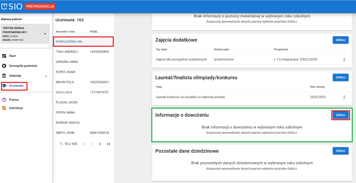 Okno z widokiem na dane dziedzinowe wybranego ucznia z możliwością dodania informacji o dowożeniu