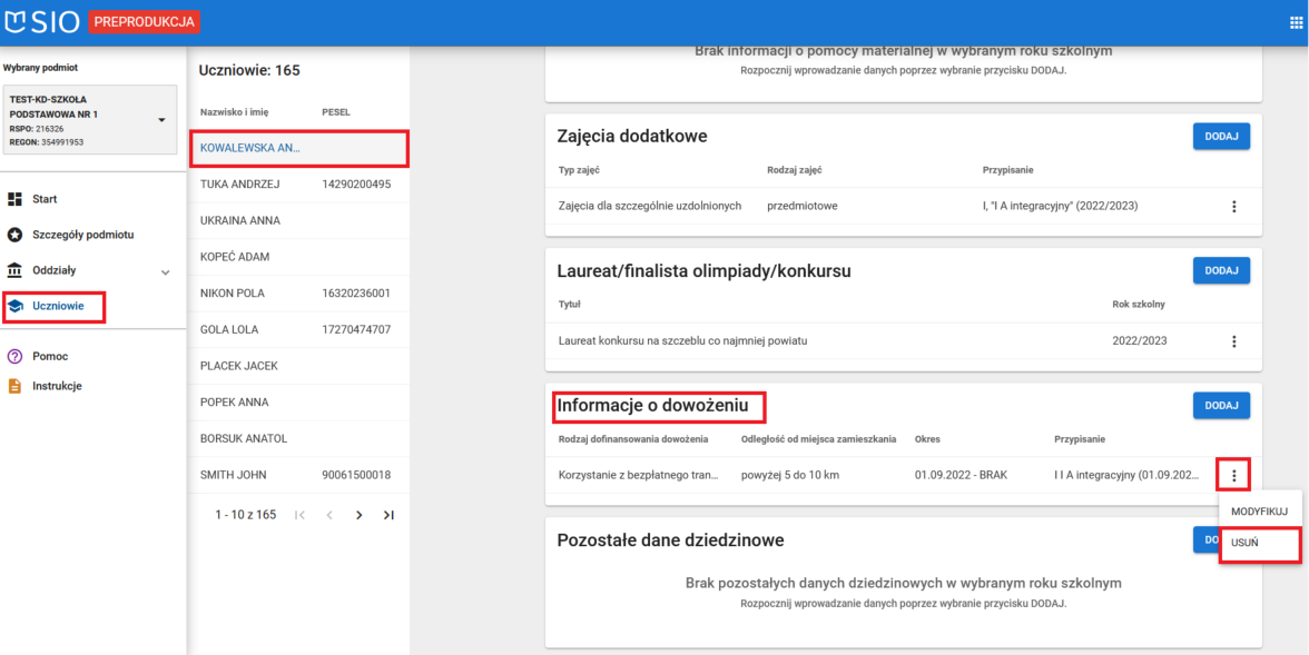Okno z widokiem na dane dziedzinowe wybranego ucznia z możliwością usunięcia informacji o dowożeniu