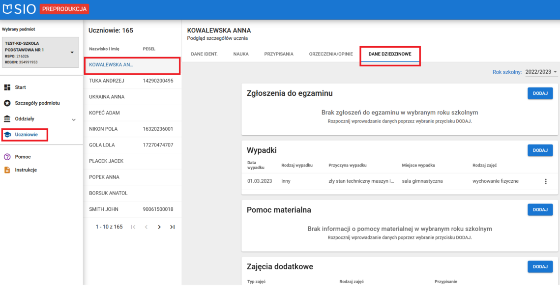 Okno z widokiem na dane dziedzinowe wybranego ucznia