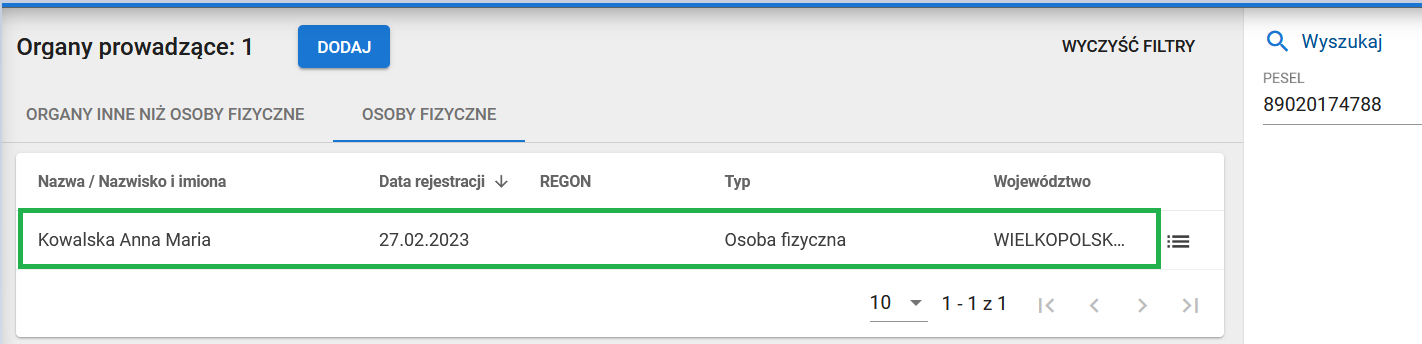 Okno z wyszukaną osobą fizyczną na liście 