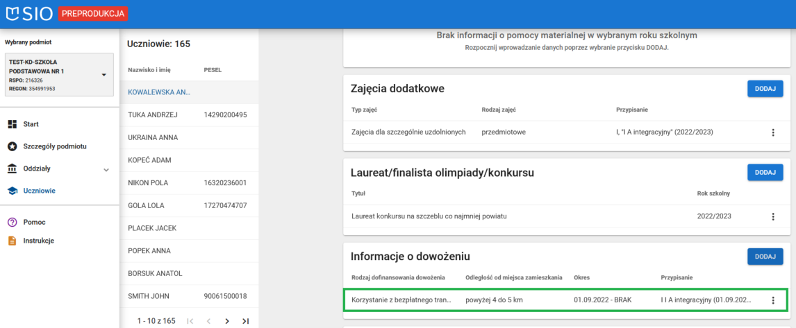 Widok dodanych informacji o dowożeniu w zakładce dane dziedzinowe ucznia