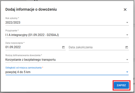 Widok formularza: dodaj informacje o dowożeniu, z polami do uzupełnienia
