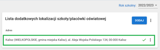 Okno z widokiem na oznaczony adres dodatkowej lokalizacji szkoły placówki oświatowej