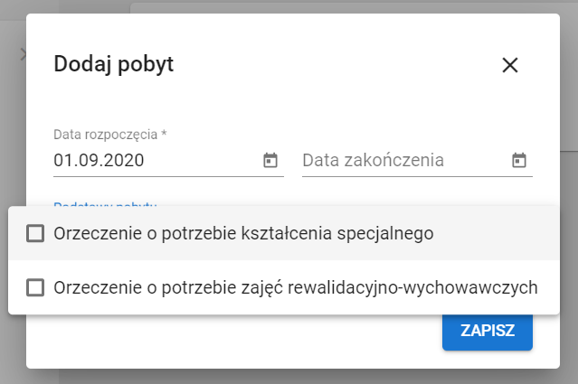 okno formularza dodaj pobyt, z możliwością wyboru daty rozpoczęcia i podstawy pobytu 