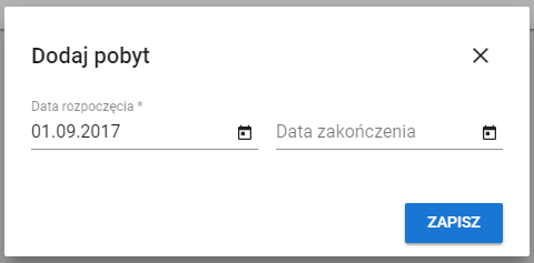 okno formularza dodania pobytu w bursie