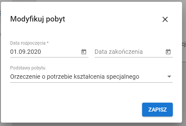 okno formularza modyfikacji pobytu wychowanka z aktywnymi polami do zmiany