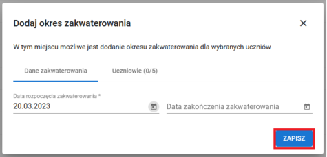 Okno z okresem zakwaterowania 