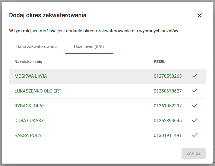 Podgląd na poprawnie dodane zakwaterowania 
