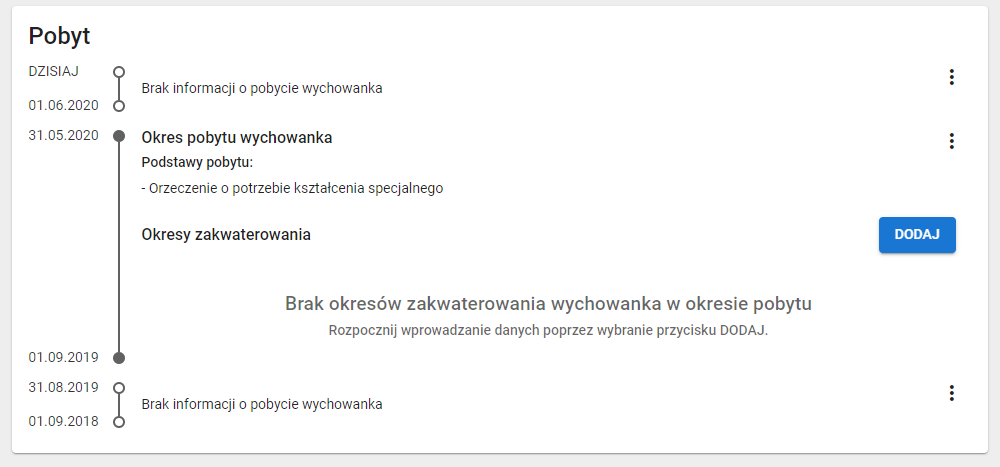 Widok na okno dodania okresu pobytu wychowanka w Młodzieżowym Ośrodku Wychowawczym