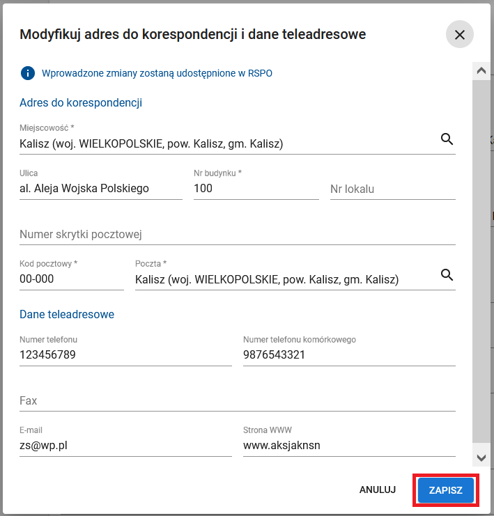 Okno na formularz modyfikacji danych oraz zaznaczonym przyciskiem zapisz 