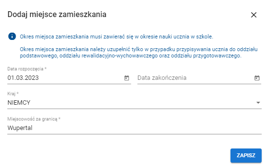 okno z uzupełnionymi polami miejsca zamieszkania i aktywnym przyciskiem zapisz