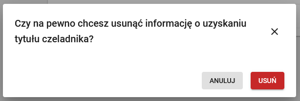 okno z widokiem na potwierdzenie usunięcia informacji o uzyskaniu tytułu czeladnika