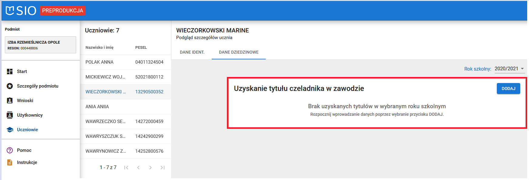Okno z widokiem na funkcję Uzyskanie tytułu czeladnika w zawodzie