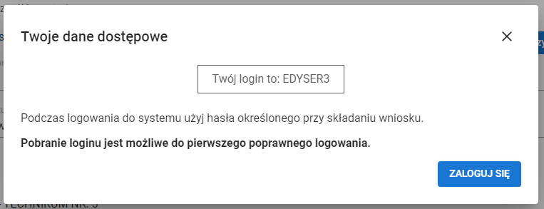 Okno z danymi dostępowymi - wygenerowanym loginem