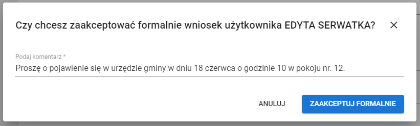 Okno z polem do wprowadzenia komentarza