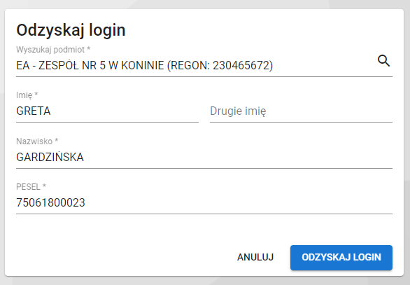 okno z widokiem na formularz odzyskaj login z uzupełnionymi danymi