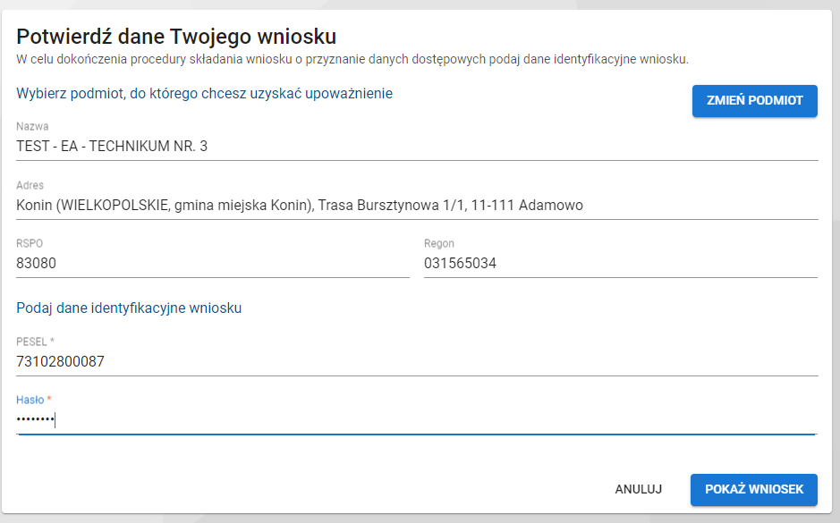 Okno z widokiem na formularz z polami do wypełnienia - wyszukaj podmiot, PESEL i hasło ustanowione przy złożeniu wniosku oraz z zaznaczonym przyciskiem pokaż wniosek