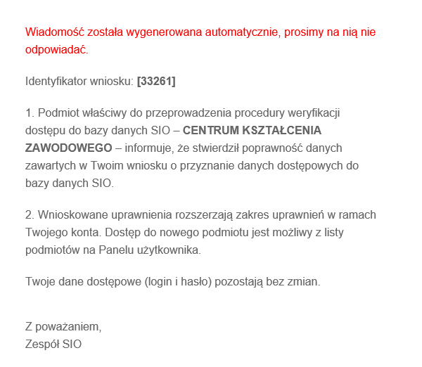 wiadomość przesłana do użytkownika, który już ma minimum jedno aktywne upoważnienie do SIO