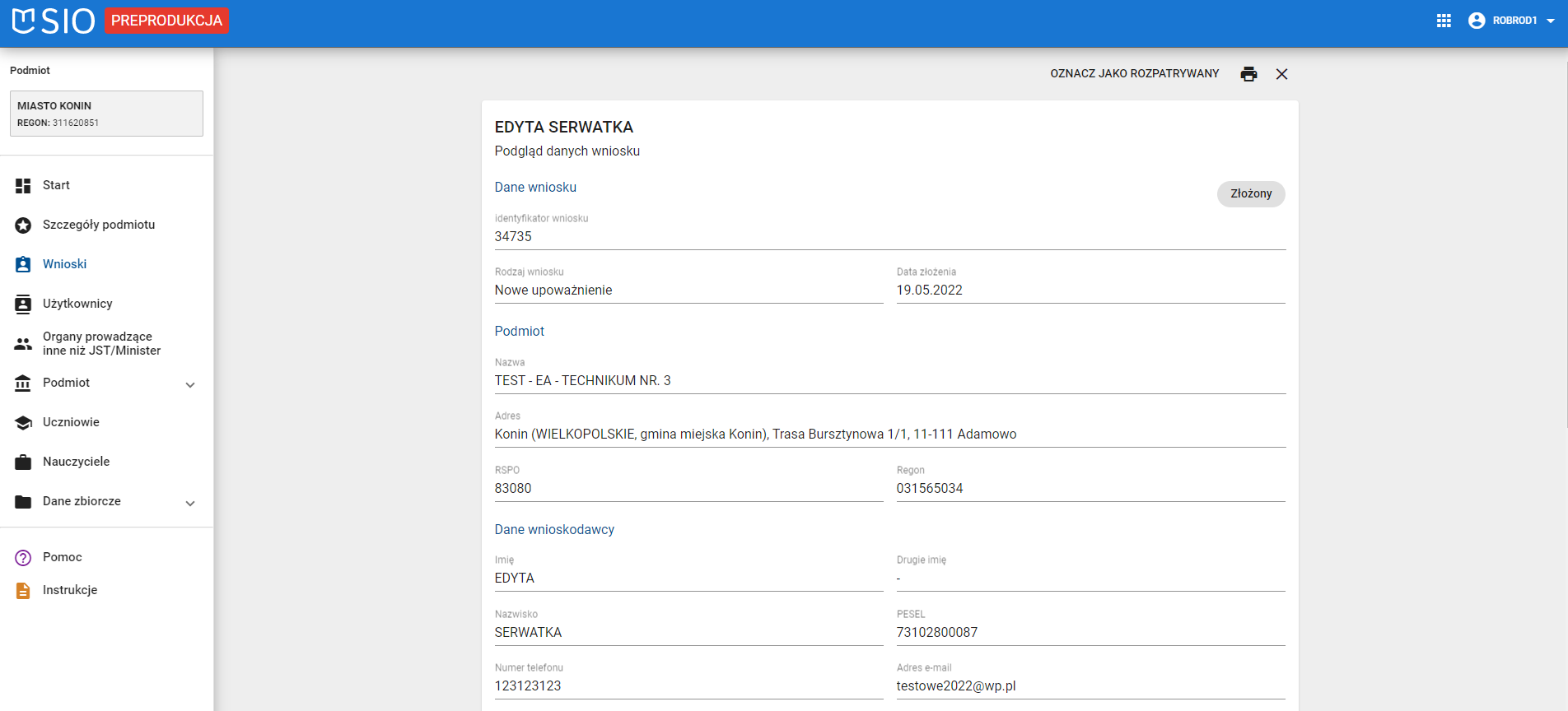 Widok danych wniosku nr 1