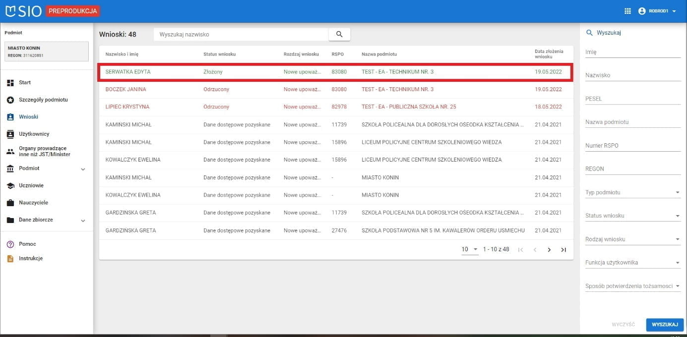 Widok na listę wniosków z zaznaczonym wnioskiem ze statusem – Złożony