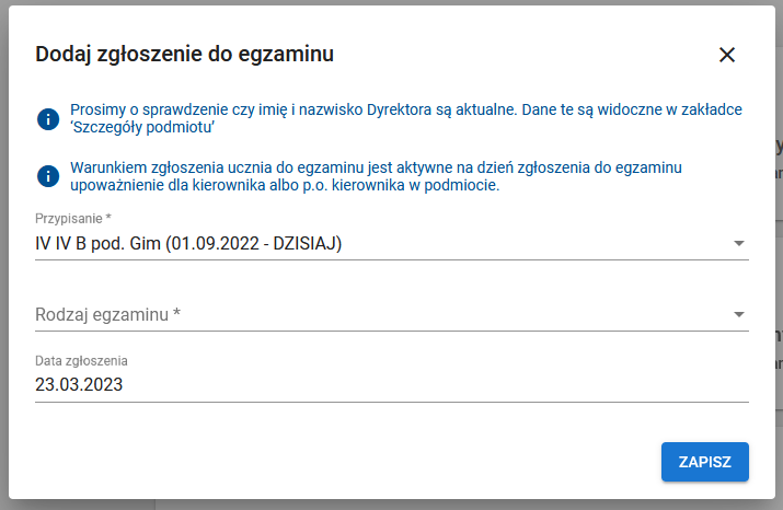 Okno z formularzem dodania zgłoszenia do egzaminu z polem wyboru rodzaju egzaminu