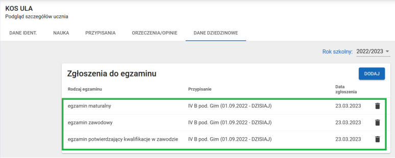 Okno z widokiem na zapisane zgłoszenie do egzaminu w zakładce dane dziedzinowe ucznia