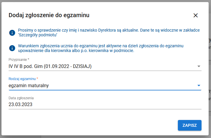 Okno ze zgłoszenie do egzaminu maturalnego