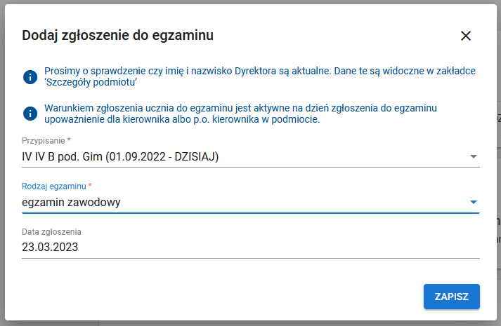 Okno ze zgłoszeniem do egzaminu zawodowego