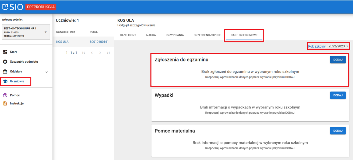 Widok okna danych dziedzinowych ucznia z zakładką zgłoszenie do egzaminu w odpowiednim roku szkolnym