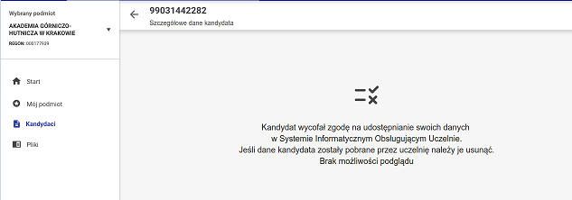 okno z widokiem na ucznia z wycofaną zgodą na przetwarzanie danych 