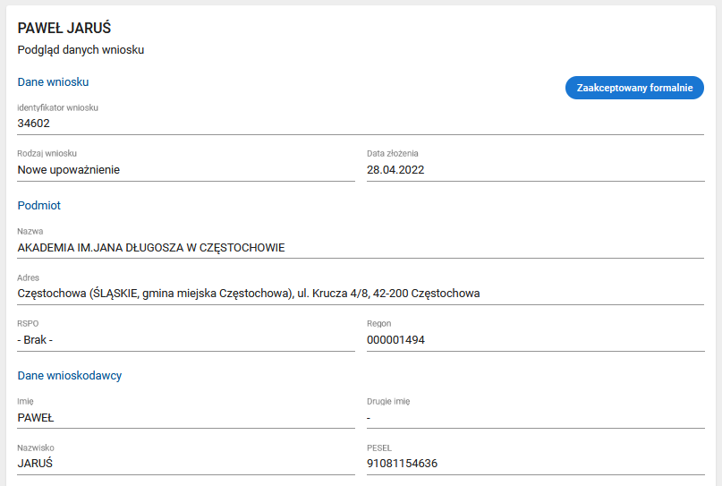 Widok statusu wniosku –zaakceptowany formalnie