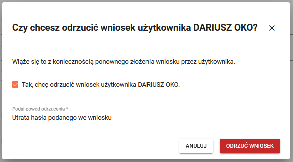 Okno z polem do wprowadzenia komentarza powodu odrzucenia wniosku