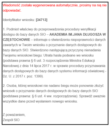 Widok na treść wiadomość wpływającej na e-mali wnioskującego z informacją o odrzuceniu wniosku
