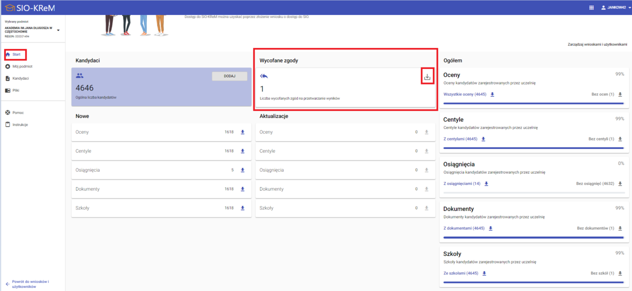 okno z widokiem na SIO-krem z oznaczoną kolumną wyrażone zgody