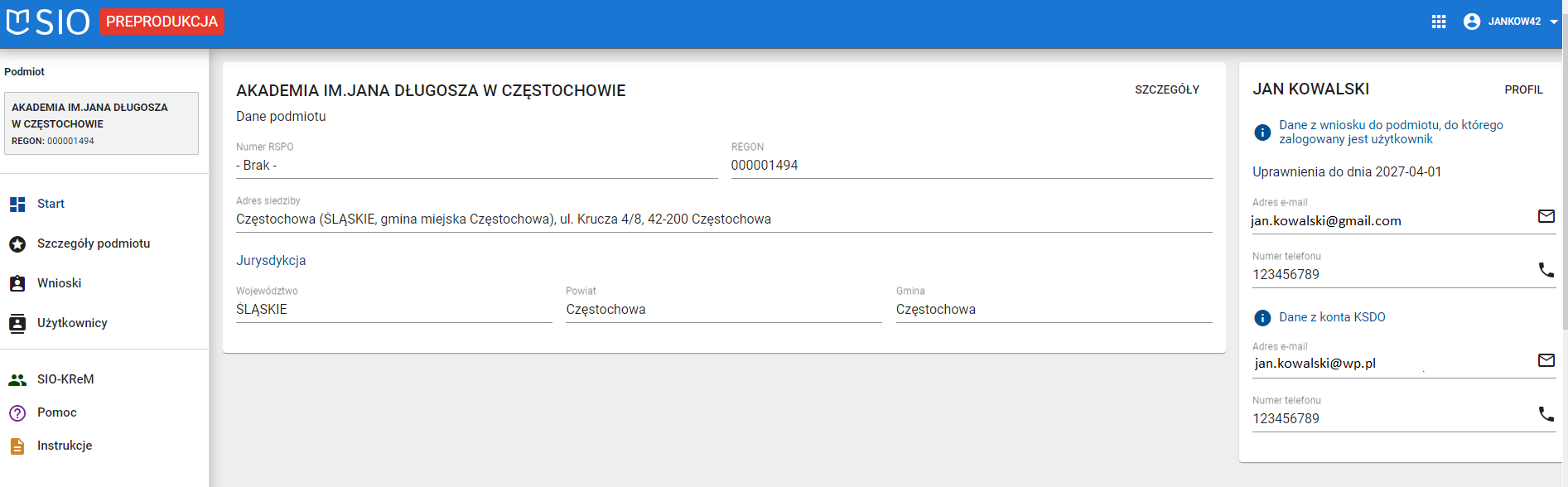 okno po zalogowaniu do systemu SIO