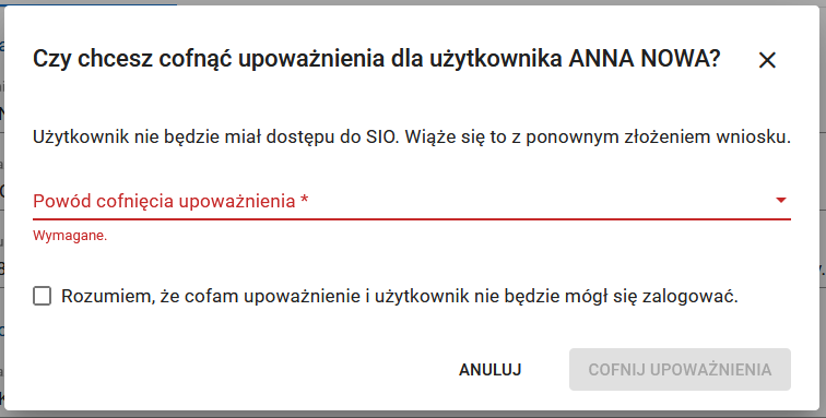 okno potwierdzenia cofnięcia upoważnienia oraz powód cofnięcia