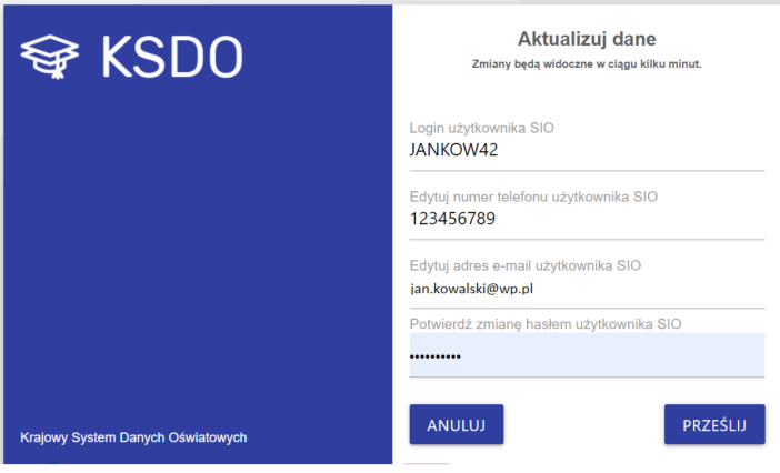 okno z widokiem na aktualizuj dane