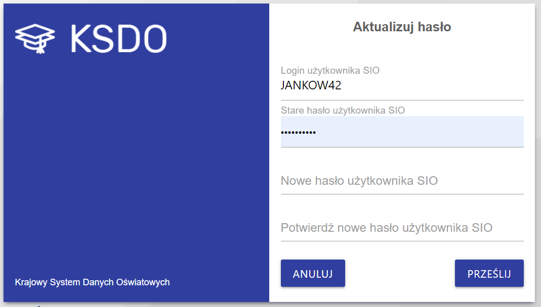 okno z widokiem na Aktualizuj hasło