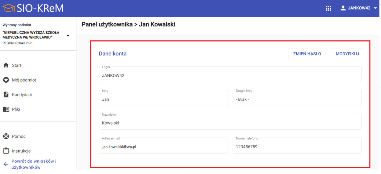 okno z widokiem na Panel użytkownika