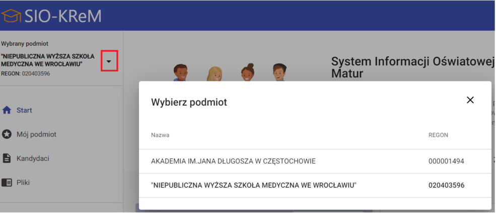 okno z widokiem na wybierz podmiot