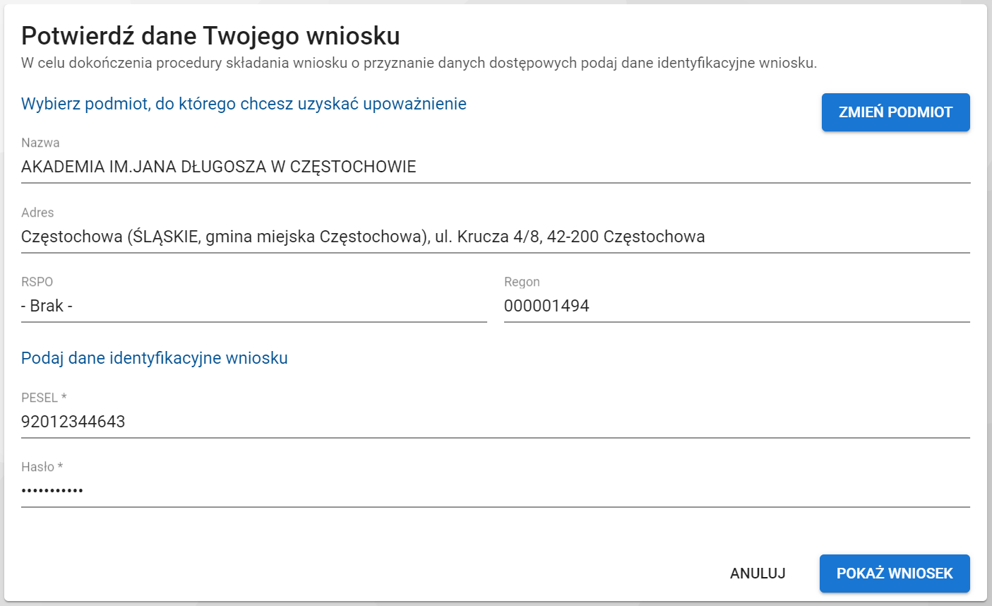 okno z wyborem uczelni