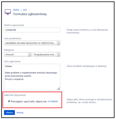 pole z opcją do dołączenie załącznika 