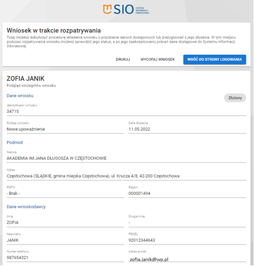 widok na cofany wniosek